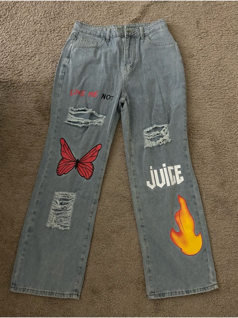 Gray Graphic Ripped Jeans with Butterfly & Flame Prints